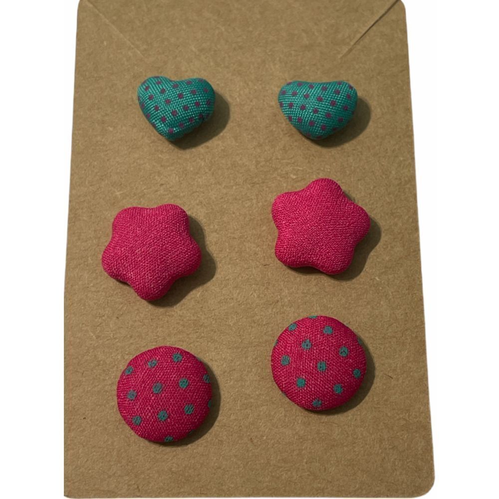 Stud Button Statement Earrings Set‎ Fabric Polka Dot Hearts Stars Pink Teal Blue